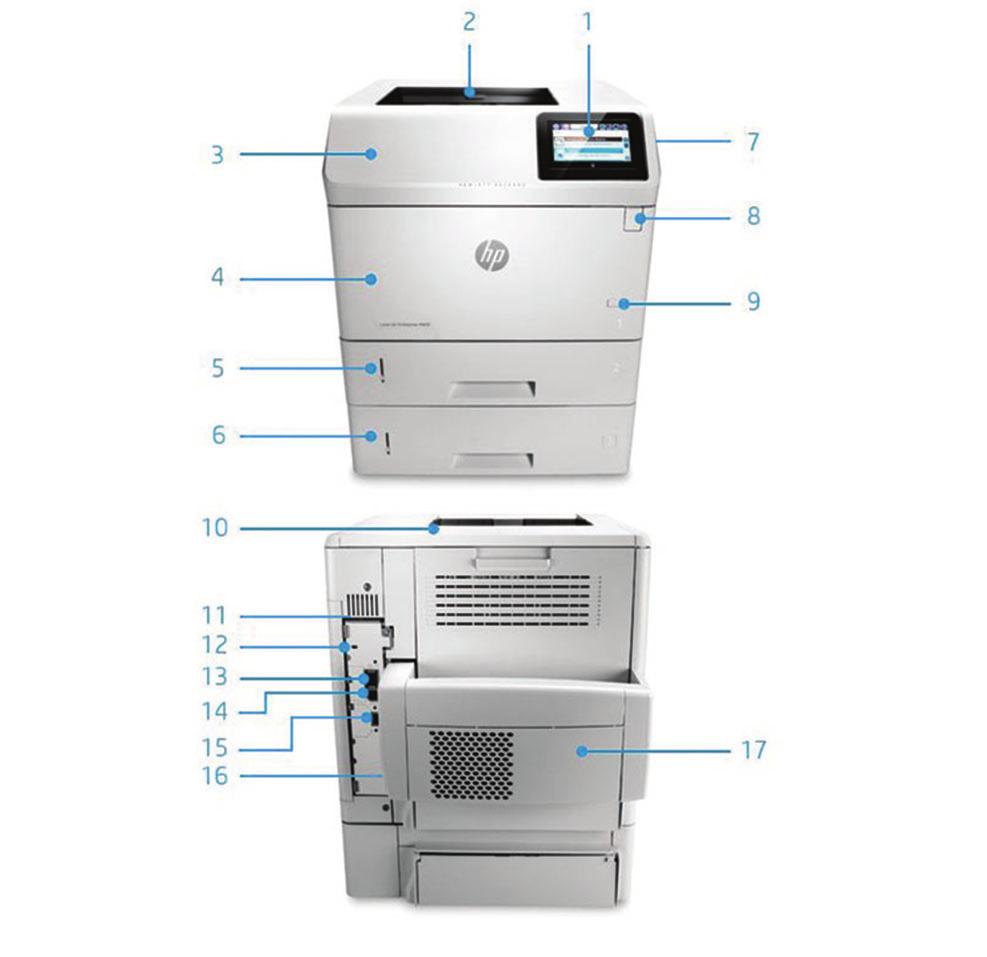 Tuotteen esittely Kuvan HP LaserJet Enterprise M605x -laitteessa on: 1. Intuitiivinen 10,9 cm:n (4,3 tuuman) kosketusvärinäyttö kallistuu ylöspäin katselun helpottamiseksi 2.