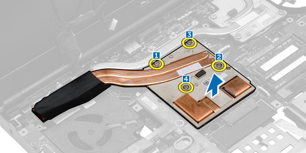 3. Poista näytönohjaimen jäähdytyselementti seuraavasti: a. Irrota LVDS-kaapeli [1]. b. Irrota ruuvit, joilla LVDS-kaapelin kiinnike kiinnittyy tietokoneeseen. [2] c.