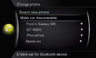 Kuinka Bluetooth -puhelin liitetään*? Painakaa puhelinlähteen normaalinäkymässä OK/MENU. Valitkaa Tee autosta löydettävä ja vahvistakaa painamalla OK/MENU. Aktivoikaa Bluetooth matkapuhelimessa.