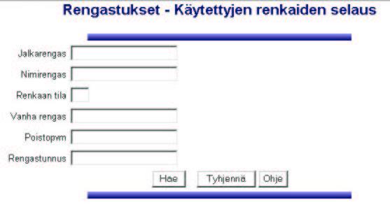 11 Kuva 6: Käytettyjen renkaiden selaus. 4.1.5 Käytettyjen renkaiden selaus Käytettyjen renkaiden selausnäyttö (kuva 6) vastaa vanhan järjestelmän näyttöä 2.5. Kenttiin liittyvät haut ja tarkistukset Kaikki kentät ovat tekstikenttiä.