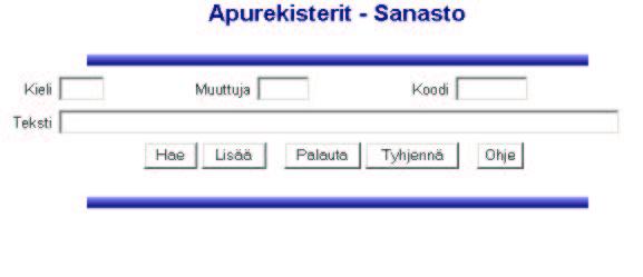 23 Kuva 16: Sanaston ylläpito. Näyttö sisältää lisäys-, haku-, ylläpito-, poisto-, ja peruuta-toiminnot. 4.1.15 Sanaston ylläpito Sanasto vastaa (Kuva 16) vanhan järjestelmän näyttöä apua.