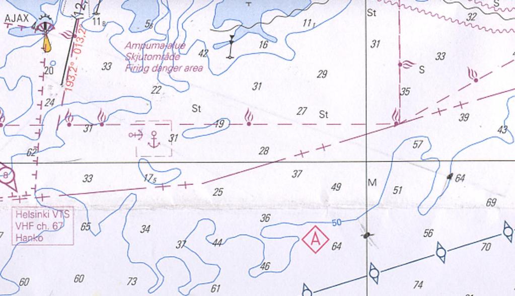 76 Perustehtävä 3 karttaesimerkki Lähdetään kuvan tutkamerkiltä klo.1300. Suunta veden suhteen on 110. Nopeus 7kn. klo.14.40 sijaintimme DGPS:n mukaan φ 59 30,0 N, λ23 00,0 E.