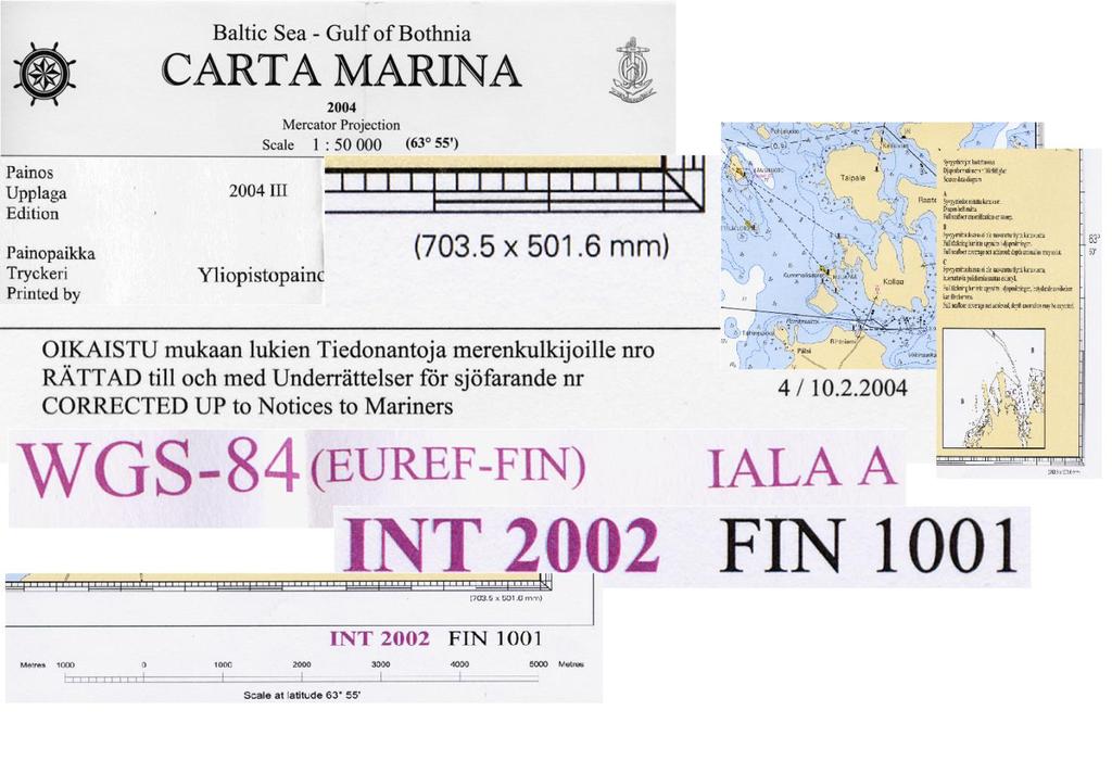 14 Kartta 1 2 3 4 5 7 8 6 9 Kuva 3.2. Carta Marina. Merenkulkulaitos. 1. Otsake, julkaisuvuosi, mittakaava ja keskileveys. 2. Painoksen julkaisemisaika. 3. Oikaistu, karttakorjaukset huomioitu tähän asti.