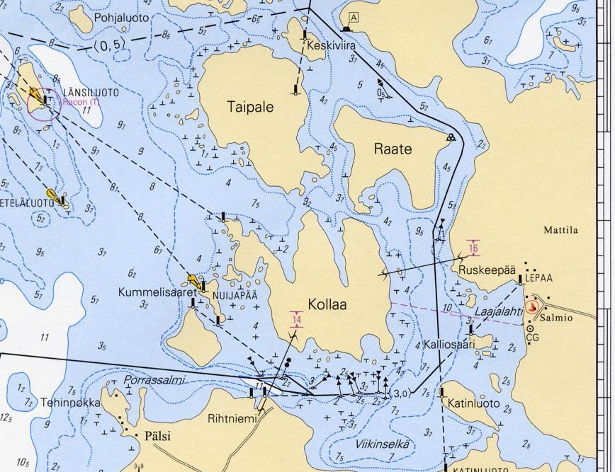 90 28 Matkan mittaaminen 1 2 1M Kuva 5.3. Matkan mittaaminen. Carta Marina. 1. Haluttu mitattava matka otetaan harpin kärkien väliin. 2. Mitataan matka lähimmältä leveyspiiriltä Kuvan tapauksessa matka on 1M HUOMIO!