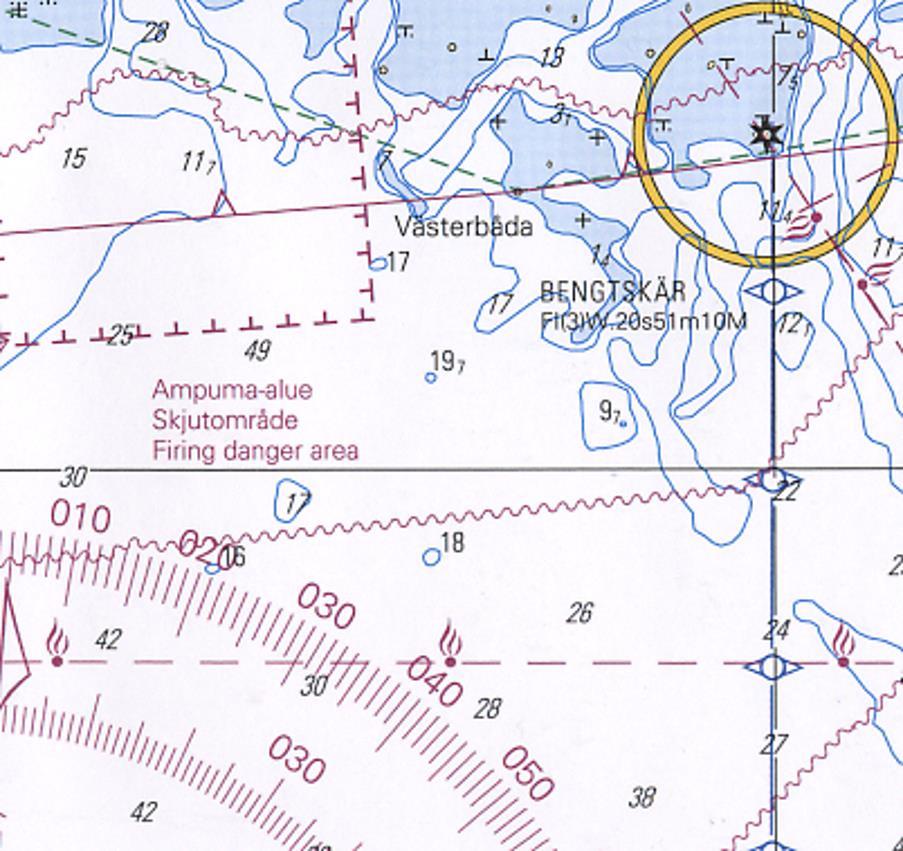 56 2. Pidetään tosisuunta TC ja suunnitaan kohde toisen kerran kun keulakulma kohteeseen on kaksinkertainen esim.60= RB2. 3.