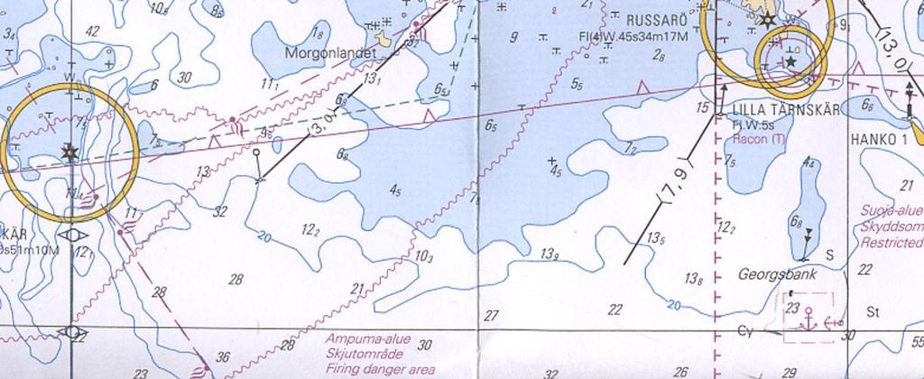 68 Sorto karttaesimerkki Alla olevassa kuvassa esimerkki sortolaskun suorittamisesta. Alus ottaa uuden kurssin CC 110 kuvassa olevan 3m väylän päästä.