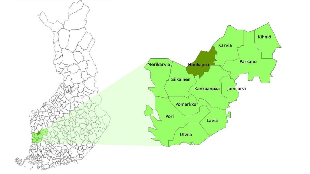 40 Kankaanpään, Porin, Parkanon ja Ulvilan kaupungit. (Lomituspalvelut n.d.) Kuviossa 3 on nähtävissä Honkajoen paikallisyksikön alueen kuntien sijainnit Suomen kartalla.