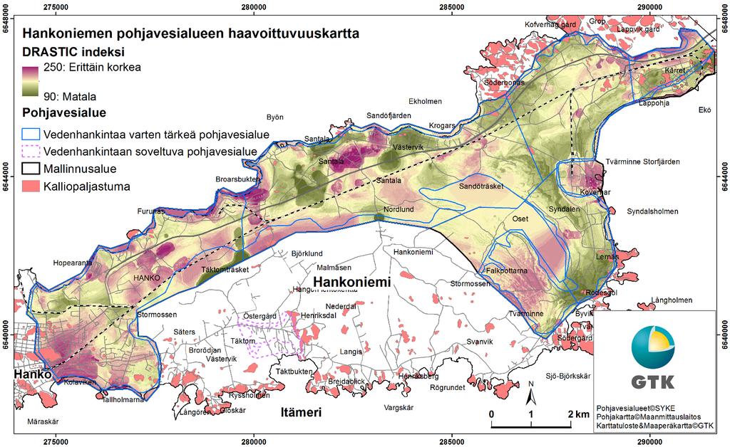 GEOLOGIAN TUTKIMUSKESKUS Tutkimusraportti 13 Kuva 4. Hankoniemen pohjavesialueiden haavoittuvuusindeksikartta. Kuva on suuremmassa koossa liitteessä 6.