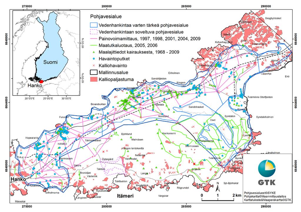 GEOLOGIAN TUTKIMUSKESKUS Tutkimusraportti 5 Kuva 2. Karttaesimerkki tutkimusalueiden lähtöaineistojen sijainnista Hankoniemen pohjavesialueilla. Kartta on suuremmassa koossa liitteessä 1. 3.