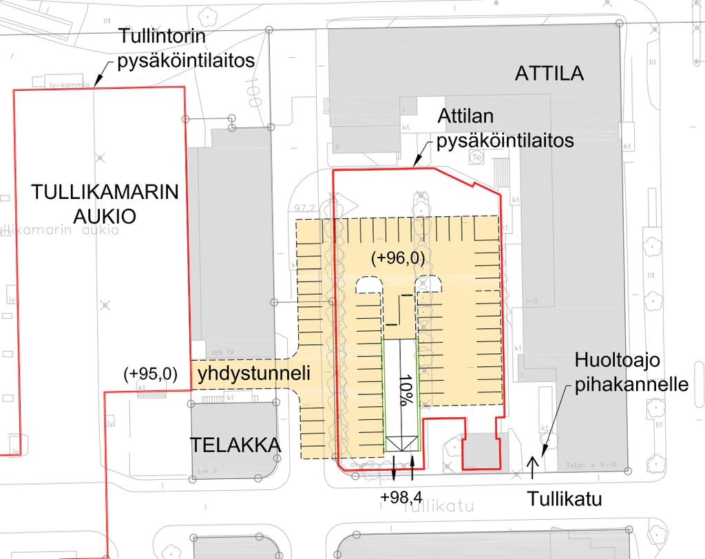 VE1, Ajoyhteys Tullikadulta Attilan tontille, ala-vaihtoehdot ja niiden vaikutukset 2/4 16 VE 1A, suora ramppi Tullikadulta Hyvää Suora ramppi mahdollistaa lyhyen rampin.