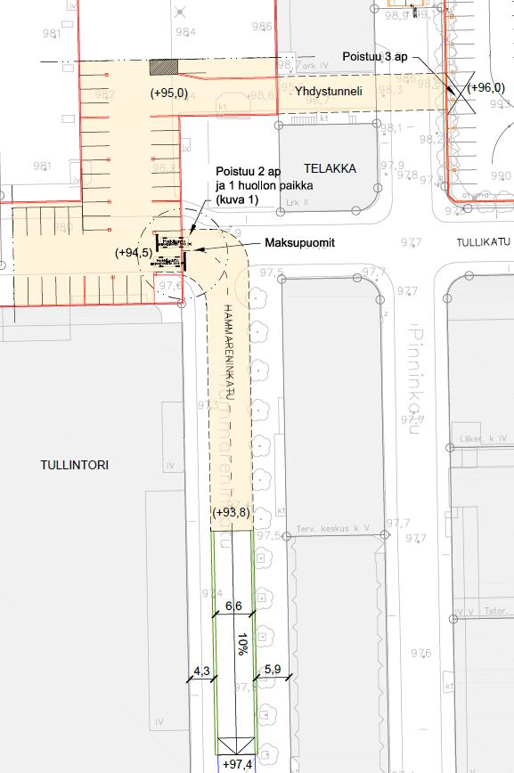 Tullintorin ja Attilan pysäköintilaitosten järjestelyt 2/6 30 VE H1a, ajoyhteys Tullintorin pysäköintilaitokseen, kaksi puomilaitetta sisään/ulosajossa Tullintorin pysäköintilaitoksesta poistuu kolme