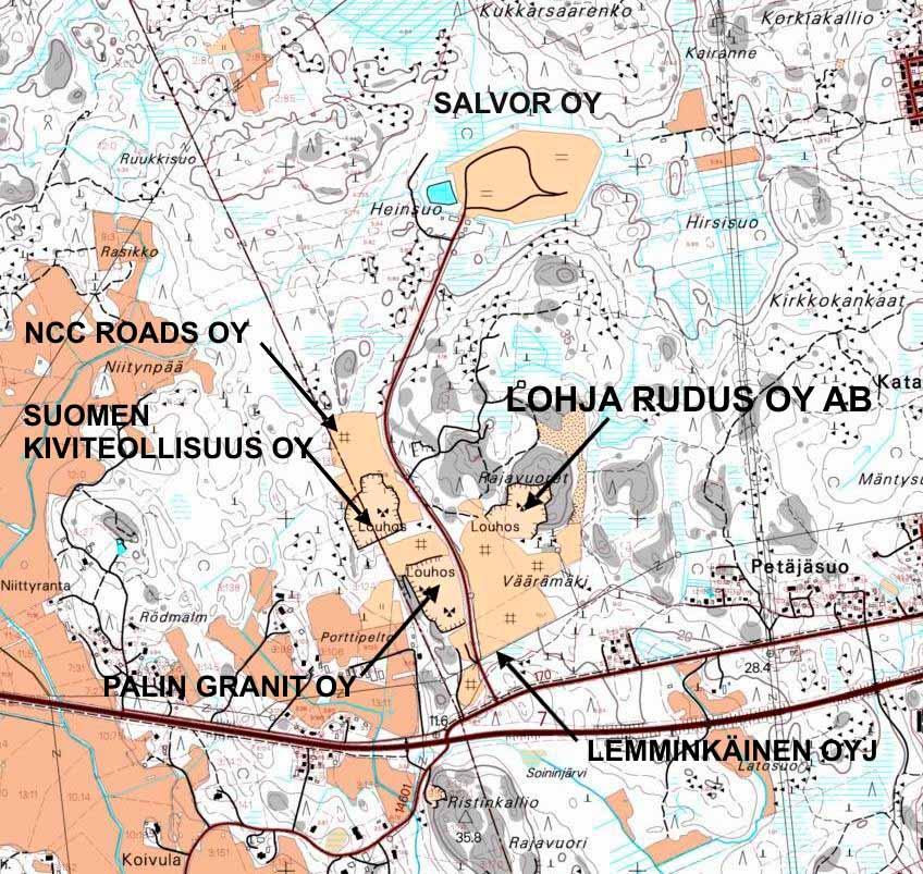12 Rajavuoren alue: Ympäristövaikutusten arviointiohjelma Kuva 2. Lohja Rudus Oy Ab:n Rajavuoren louhinta-alueen sijainti ja muut alueella toimivat yritykset 4.