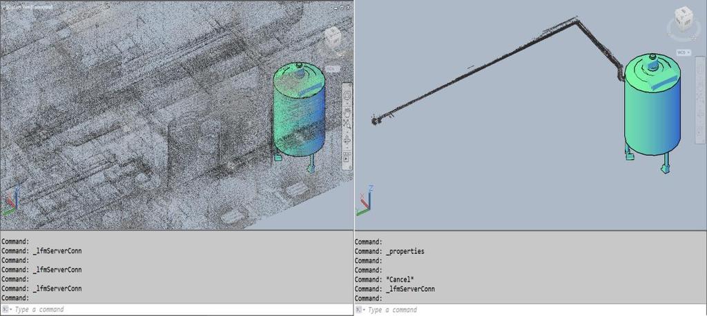 31 täyttöputken reitti säiliöltä sulkuventtiilille ollaan rajattu. Näkymä on tuotu Plant 3D -ympäristöön, jossa mallintaminen tapahtuu. Kuva 17. Havainnollistus pistepilven rajaamisen merkityksestä.