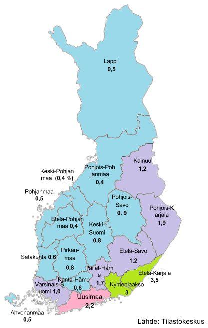 Venäjänkielisten osuus (%) väestöstä maakunnittain (v.