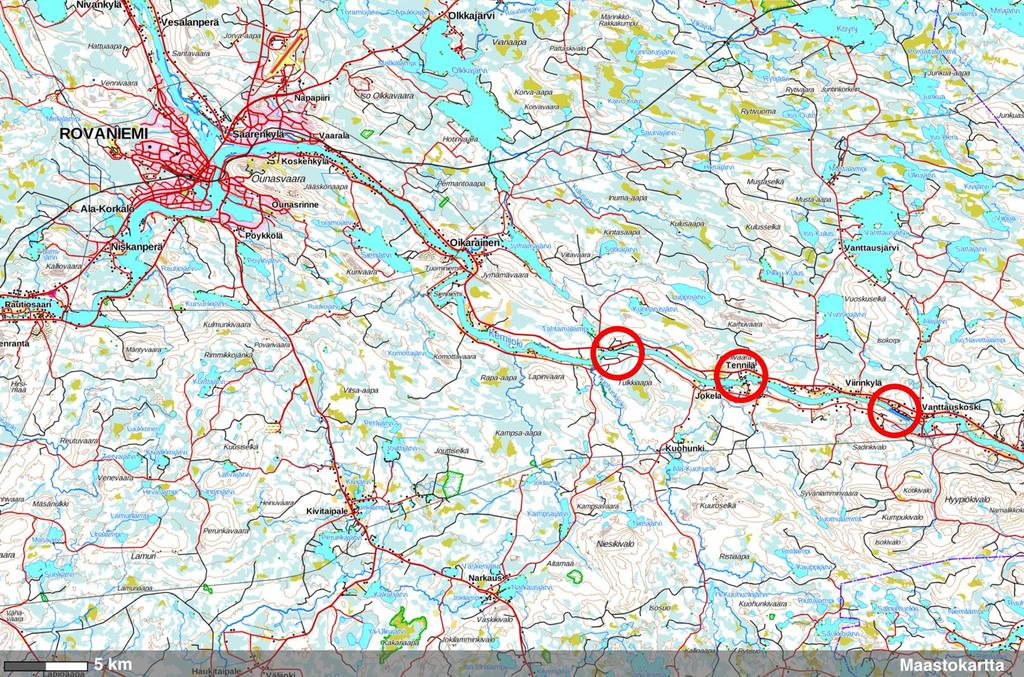 Kuva 1. Tässä työssä tutkitut alueet Kemijoessa. Ylävirrasta eli oikealta lukien näkyvät Vanttauskoski, Tervakari ja Tikkasenkari.