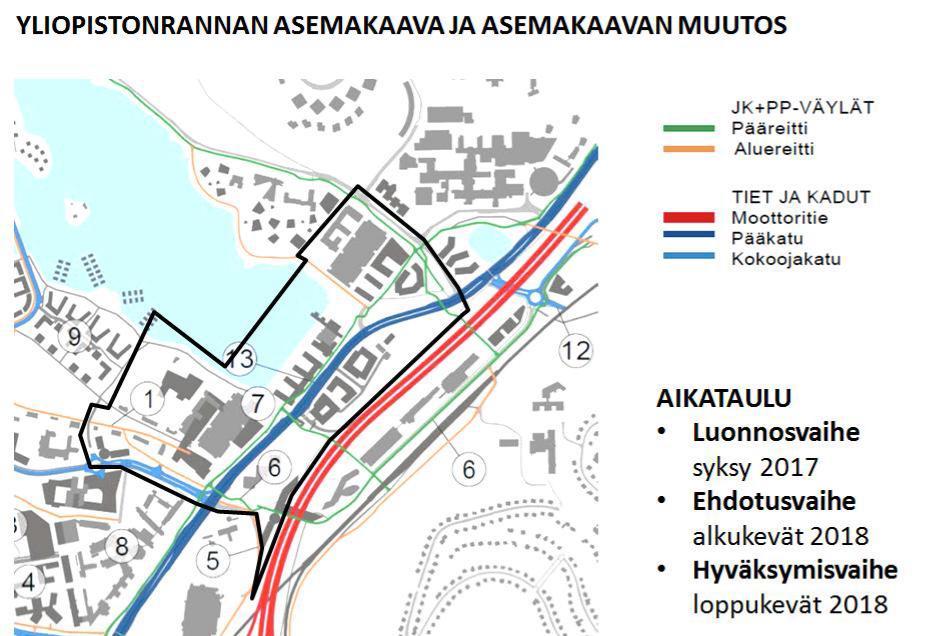 20 (42) Kuva 14. Yliopistonrannan asemakaava-alue (musta viiva) ja aikataulu.