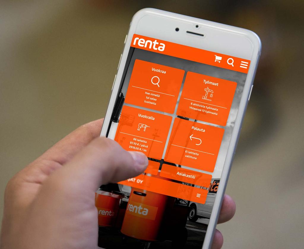 Renta Easy palvelee työmaata Renta Easy on Renta Groupin johdon valitsema Vuoden Innovaatio. Renta Easyn voi ladata App Storesta ja Google Play -kaupasta tai kirjautumalla osoitteeseen: www.rentaeasy.