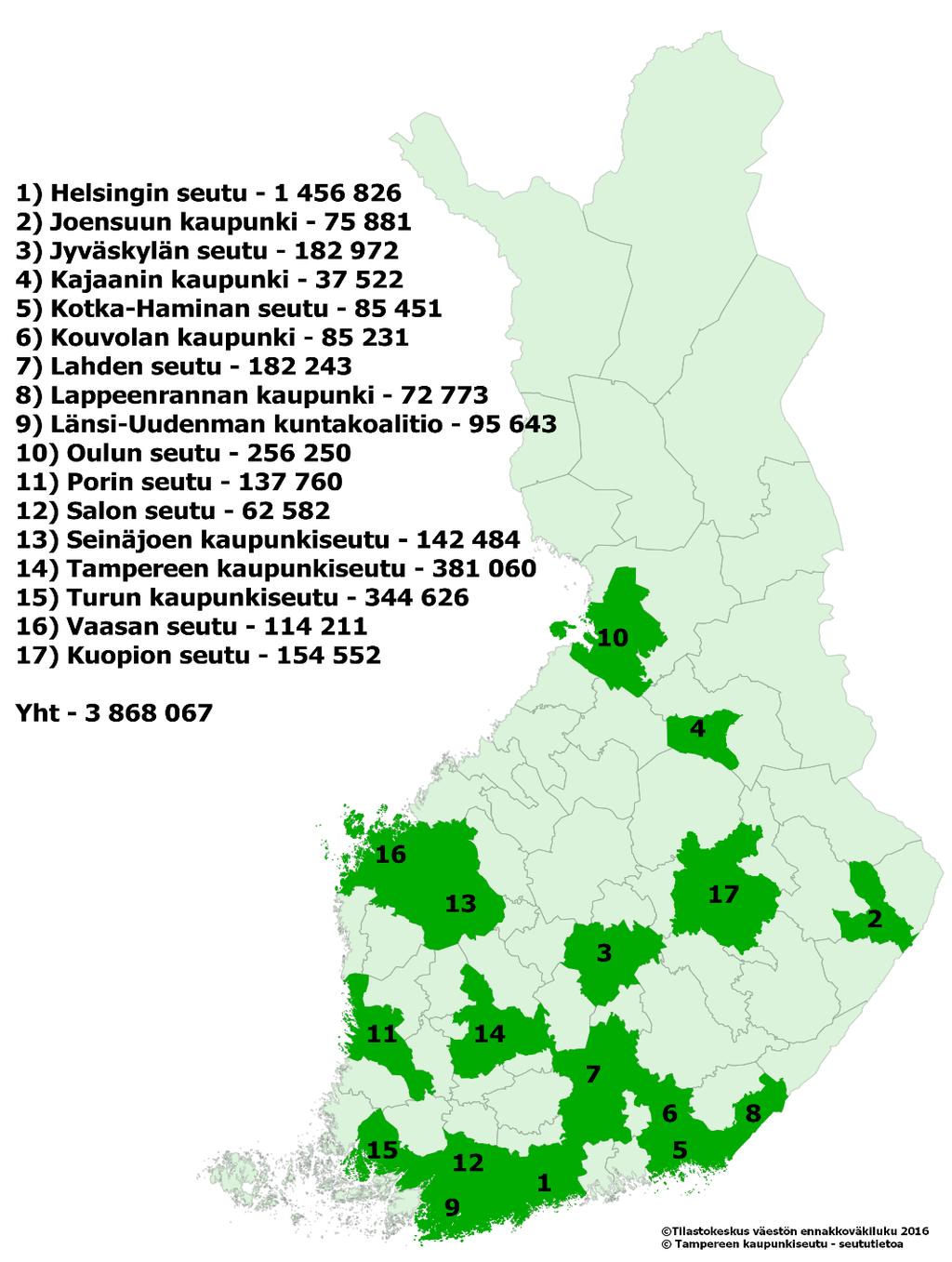 KUVA 1. MAL-verkoston jäsenalueet vuonna 2017 (lähde Simo Turunen Tampereen kaupunkiseutu). Kumppanit Tampereen kaupunkiseudun kuntayhtymä toimii verkoston isäntäkuntana.