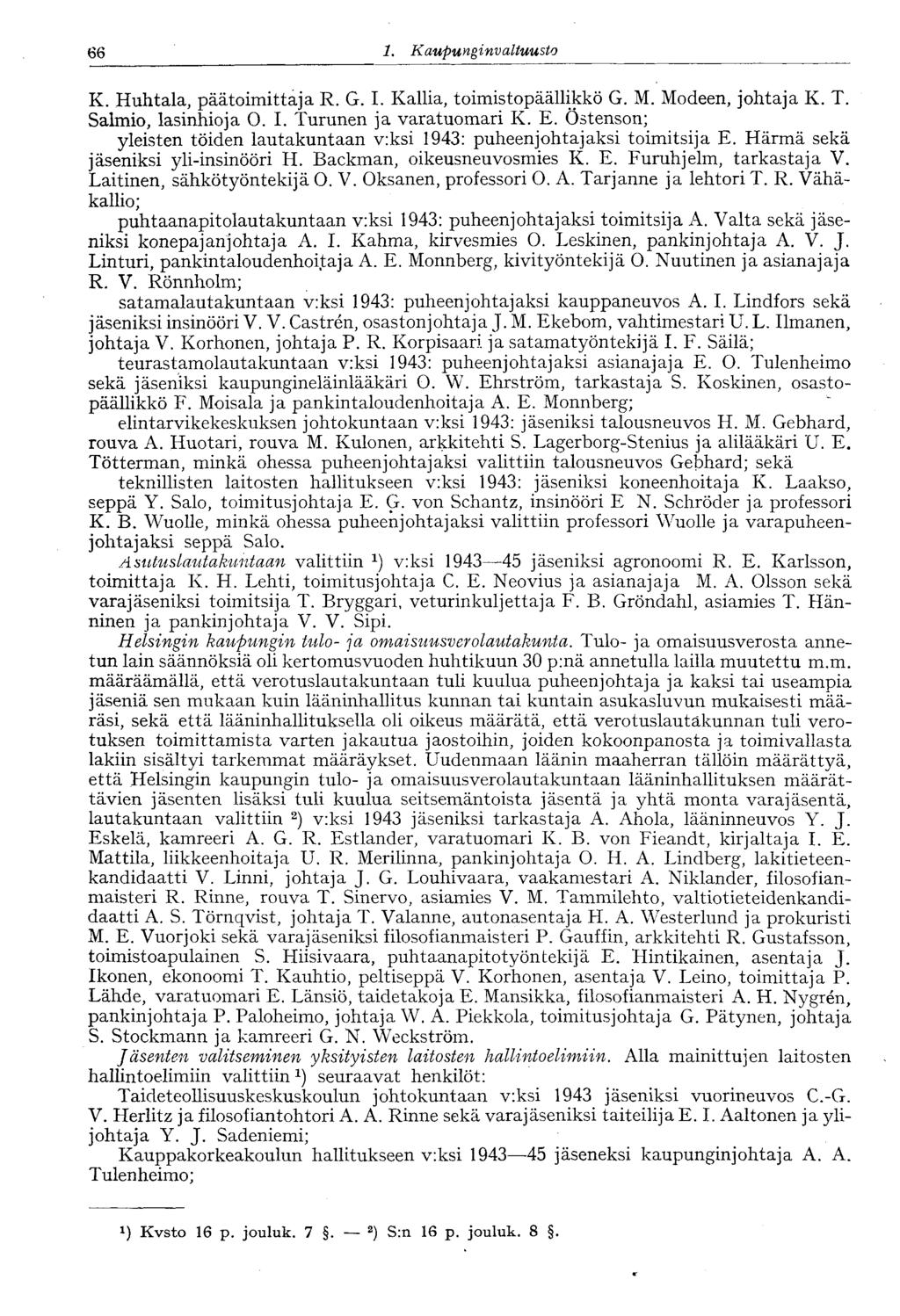 66 ' 1. Kaupunginvaltuusto 66 K. Huhtala, päätoimittaja R. G. I. Kallia, toimistopäällikkö G. M. Modeen, johtaja K. T. Salmio, lasinhioja O. I. Turunen ja varatuomari K. E.