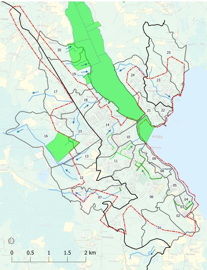 Vastaanottavat vesistöt ja luontoarvot sekä virkistysarvot Keskustaajaman hulevedet valuvat kolmea pääreittiä Kiteenjärveen (kts. viereinen kuva).