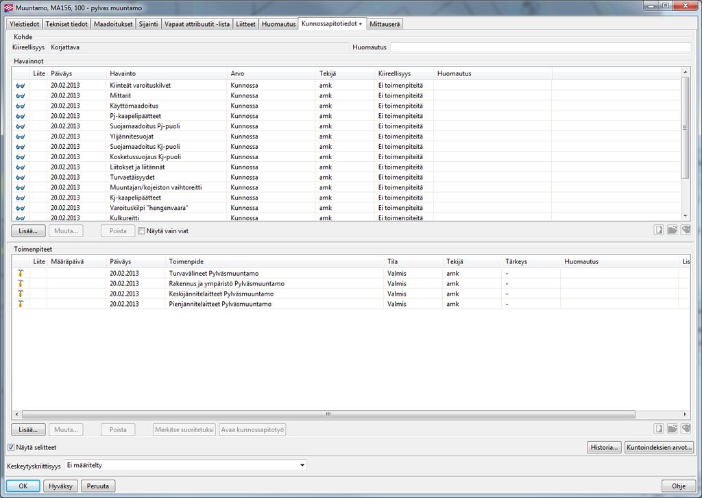 54 Kunnossapitotiedot päivittyvät luettaessa työmääräykset -palvelimelta tai ne voidaan lisätä suoraan kohteelle kunnossapitotiedot -välilehden kautta.