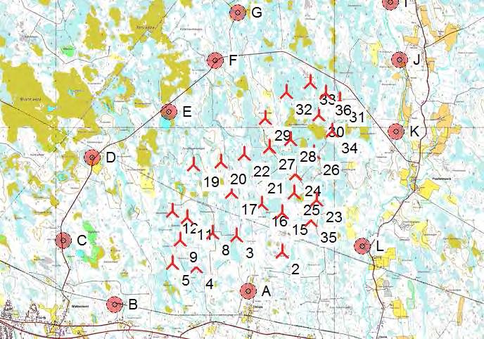 Project: Simo Description: Rajakiiri Oy DECIBEL - Main Result Calculation: Rajakiiri_29 x RD1 x HH1 (5,9 db) (GF=,4 z=4 T=15C) Noise calculation model: ISO 9613-2 General Wind speed: 8, m/s Ground