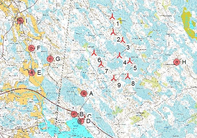 Project: 8K Kinnula kaavaluonnos DECIBEL - Main Result Calculation: Kinnula Hautakangas V126 x 9 x HH160 Noise calculation model: ISO 9613-2 General Wind speed: 8,0 m/s Ground attenuation: General,