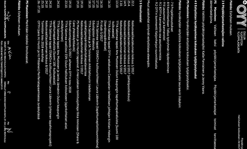 - 7-8 - 9-9.1-9.2 O \VAV!! OULUN YU Y(( YLIOPISTON Poytakrja YLIOPPILASKUNTA Haltituksen kokouksen 24/2017 3 Pöytäkirjantarkastajien valinta PS Manninen: Valitaan kaksi pöytäkirjantarkastajaa.