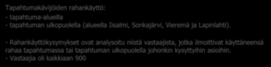 RAHANKÄYTTÖ TAPAHTUMISSA Tapahtumakävijöiden rahankäyttö: - tapahtuma-alueilla -