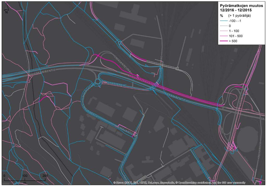 Muutos on esitetty vain osuuksilta, joilla on pyöräillyt vähintään kaksi Strava-käyttäjää. Kuva 101.