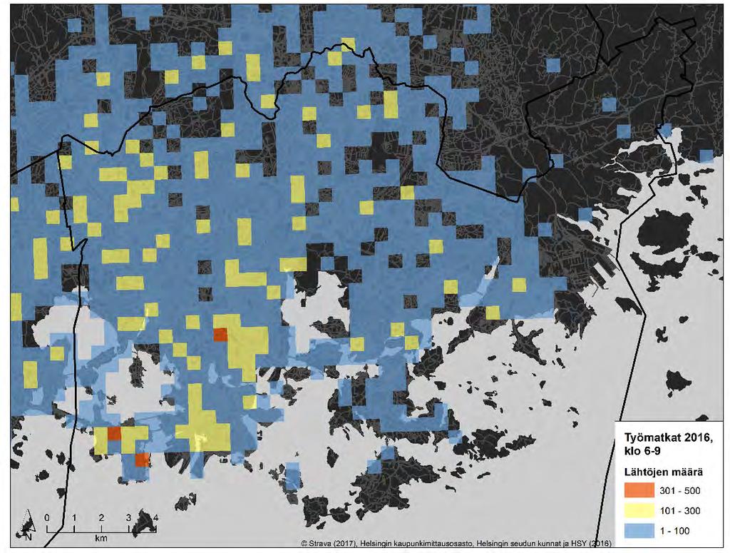 Myös työmatkoja kello 6-9 ja 15-18 välillä tarkasteltiin käyttäen aineiston commutes-matkoja, jotta voitiin rajata lenkit tarkastelun ulkopuolelle mahdollisimman hyvin.