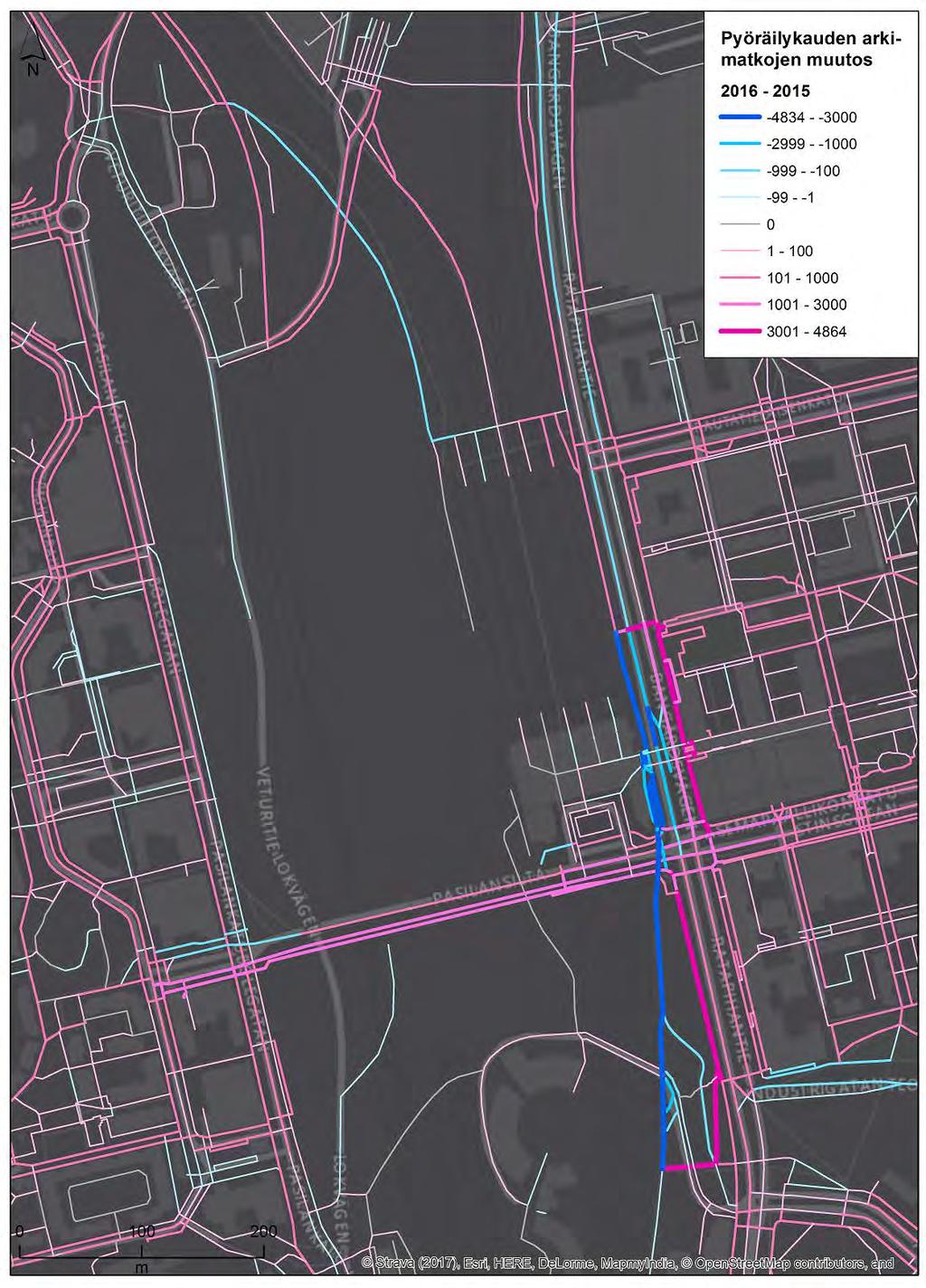 Kuva 91 Reittien absoluuttinen muutos Pasilan alueella