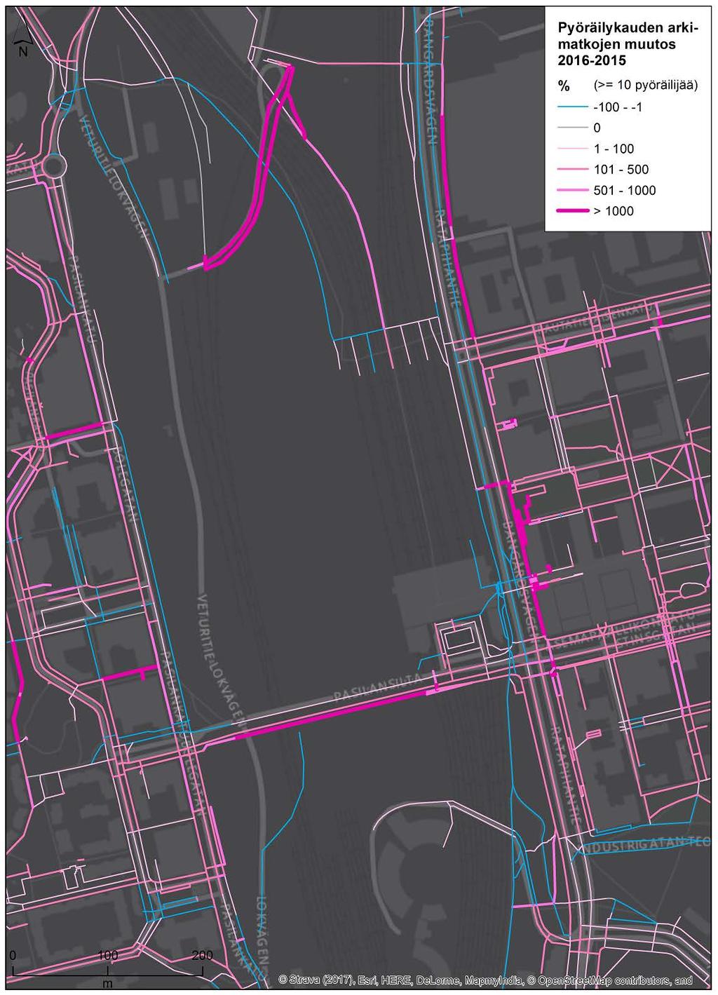 Kuva 92. Reittien suhteellinen muutos Pasilan alueella pyöräilykauden arkimatkoissa vuosina 2015 ja 2016. Kartalla on esitetty vain osuudet joilla on pyöräillyt vähintään 10 Strava-käyttäjää.