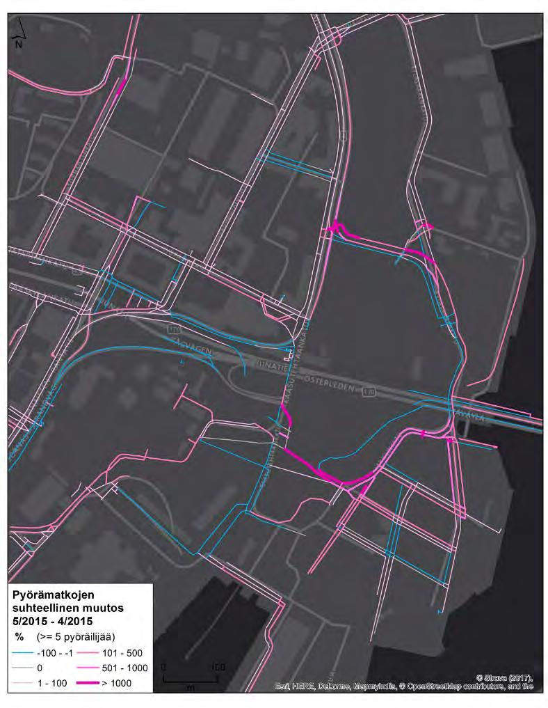 Kuva 96. Kalasataman pyörämatkojen suhteellinen muutos huhtikuun ja toukokuun 2015 välillä. Uudet liikennejärjestelyt tulivat voimaan toukokuun 2015 alusta.