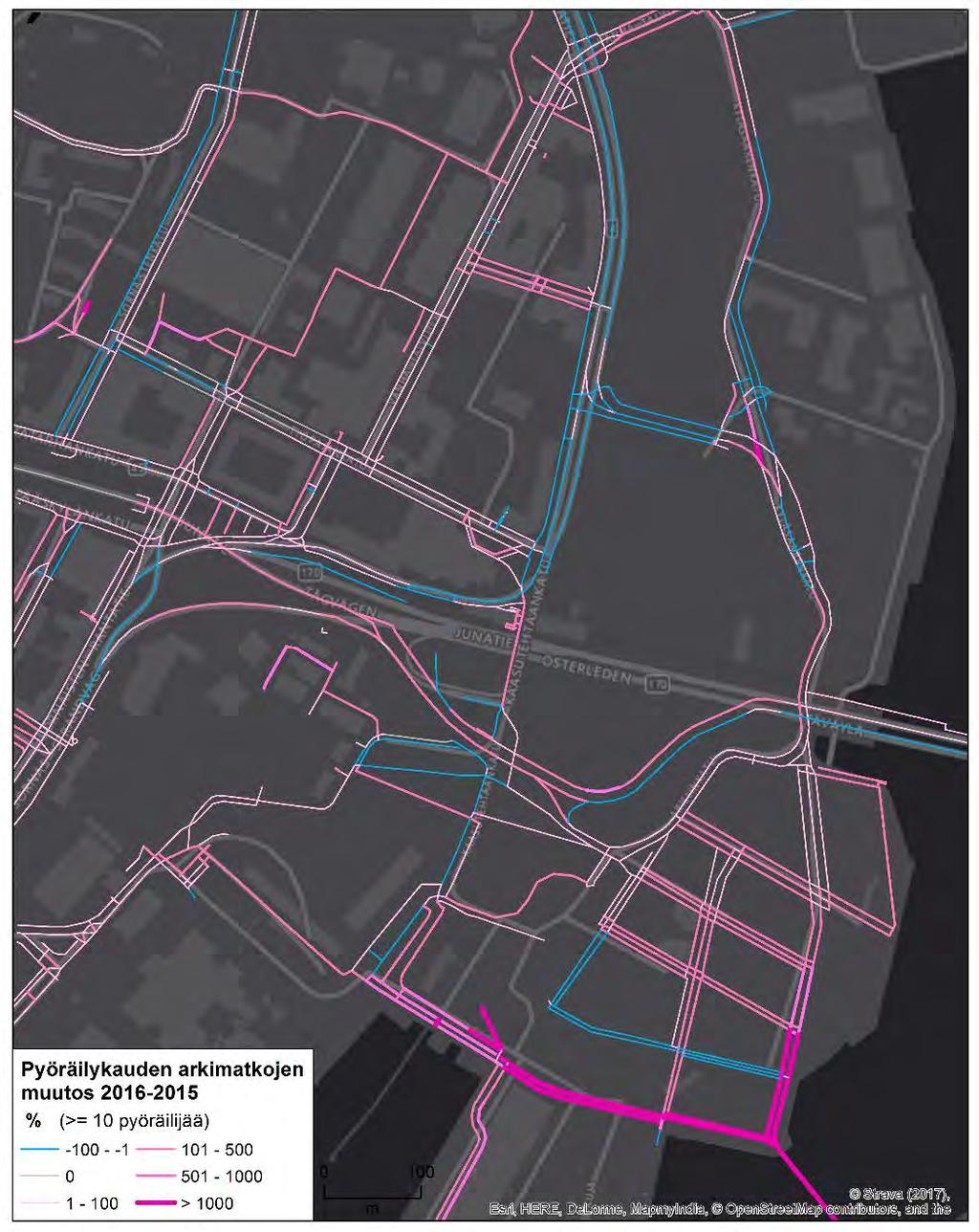 Kuva 98. Kalasataman alueen arkimatkojen suhteellinen muutos vuosien 2015 ja 2016 pyöräilykausien välillä. Muutos on esitetty vain osuuksilla, joilla on pyöräillyt vähintään 10 Strava-käyttäjää.
