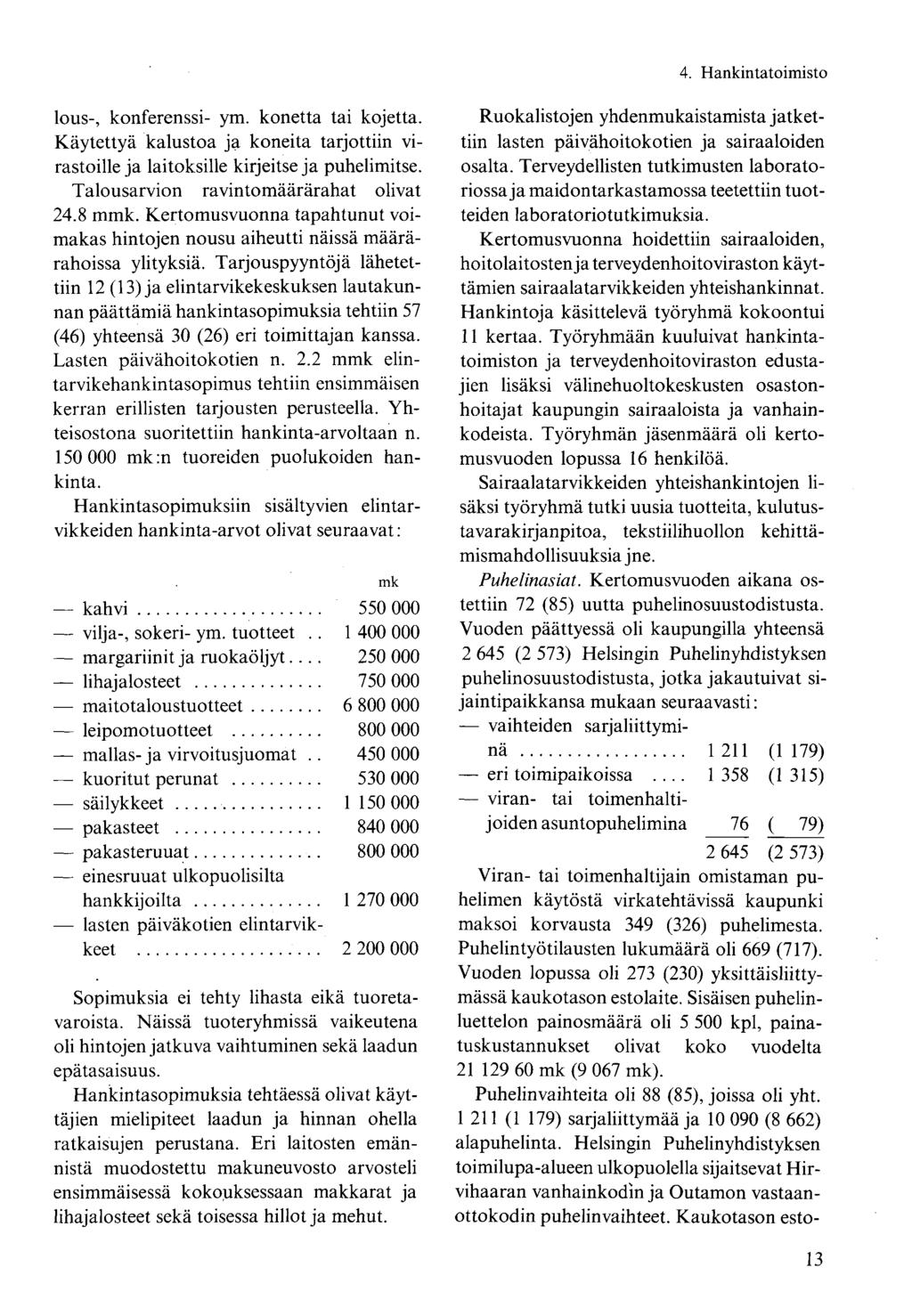 lous-, konferenssi- ym. konetta tai kojetta. Käytettyä kalustoa ja koneita tarjottiin virastoille ja laitoksille kirjeitse ja puhelimitse. Talousarvion ravintomäärärahat olivat 24.8 mmk.