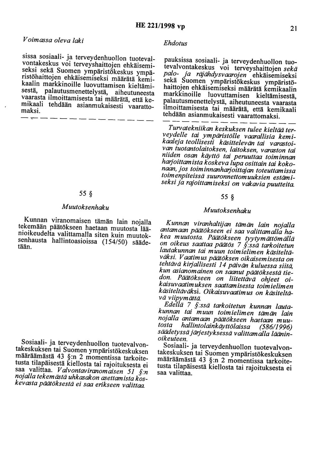 HE 221/1998 vp 21 Voimassa oleva laki sissa sosiaali- ja terveydenhuollon tuotevalvontakeskus voi terveyshaittojen ehkäisemiseksi sekä Suomen ympäristökeskus ympäristöhaittojen ehkäisemiseksi määrätä