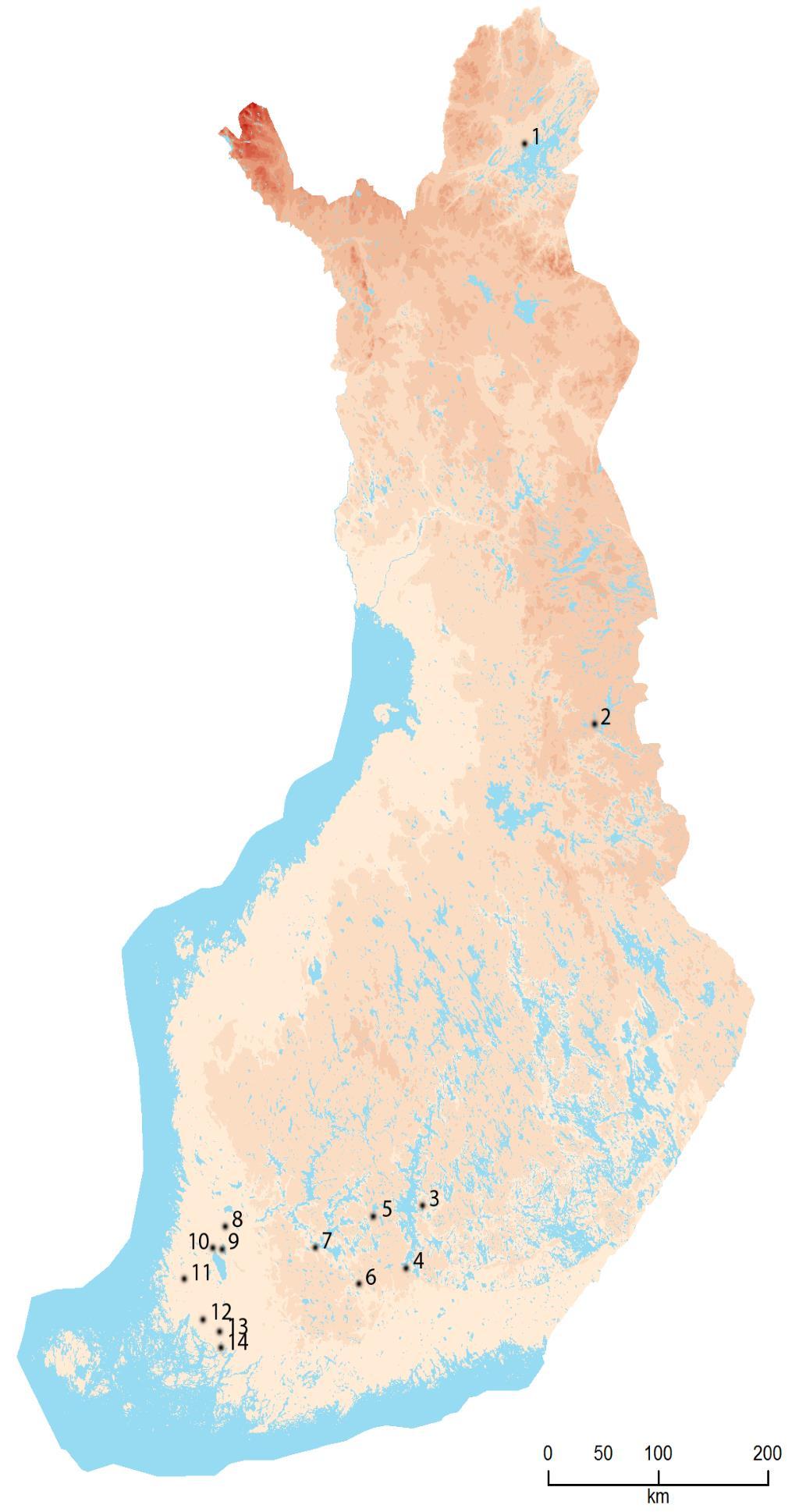 Kuva 4. Rullapäisten keskiharjallisten hevosenkenkäsolkien levintä Suomessa.