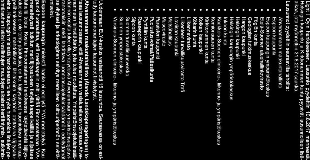 7/13 Light 1 y:n hankkeeseen. Lausunto pyydettiin 10.8.2017 mennessä. Helsingin kaupunki ja Kirkkonummen kunta pyysivät lausunnolleen lisäaikaa, jota myönnettiin 31.8.2017 saakka.