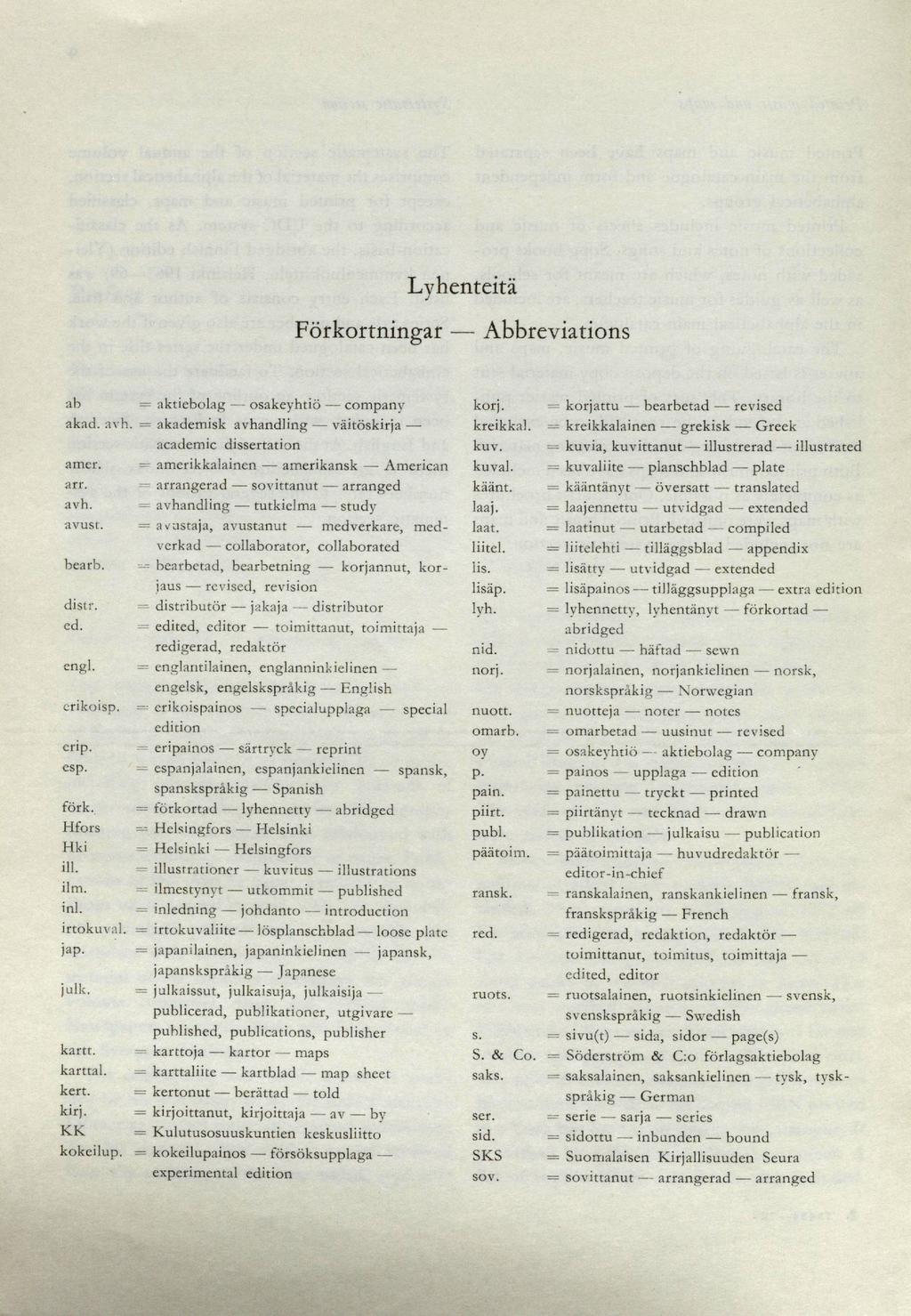 Lyhenteitä Förkortningar ab aknd.,l\ h. akc iebolag - osakeyhtiö - company akademisk avhandling - väitöskirja academic dissertation amcr. amerikkalainen - amer ikansk - American arr.