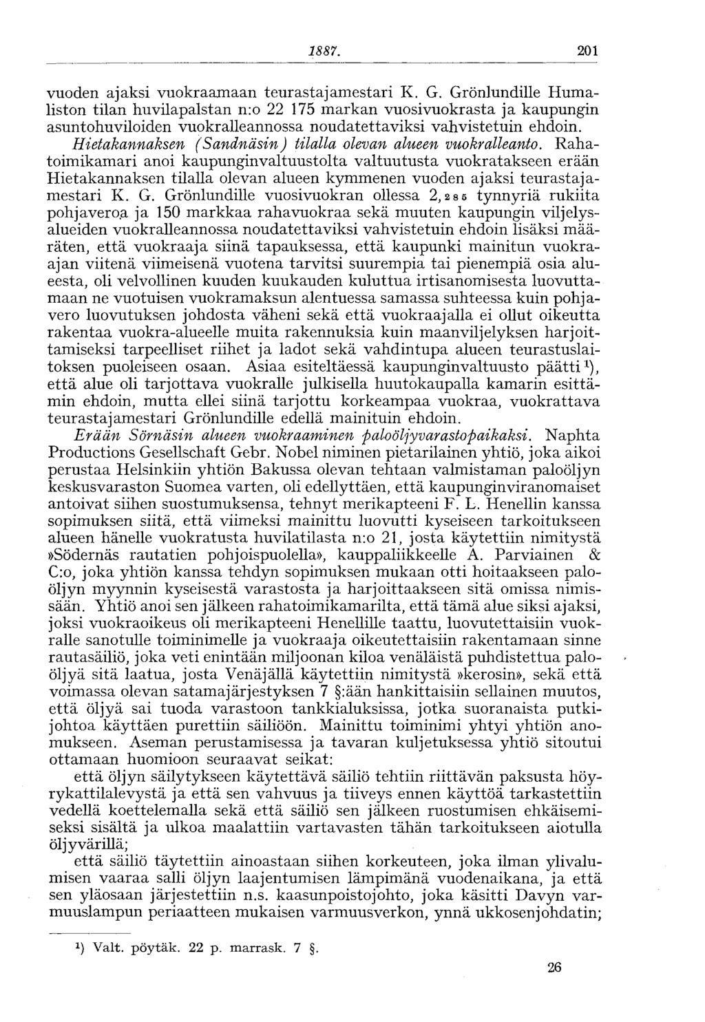 1887. 201 vuoden ajaksi vuokraamaan teurastajamestari K. G.