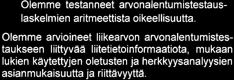Vastaisten rahavirtojen ennustamiseen liittyvistä epävarm u usteküöistä, johdon te kem ii n oletu ksi i n I i ittyvästä harki n nasta sekä liikearvon merkittävästä tasearvosta johtuen, liikearvon