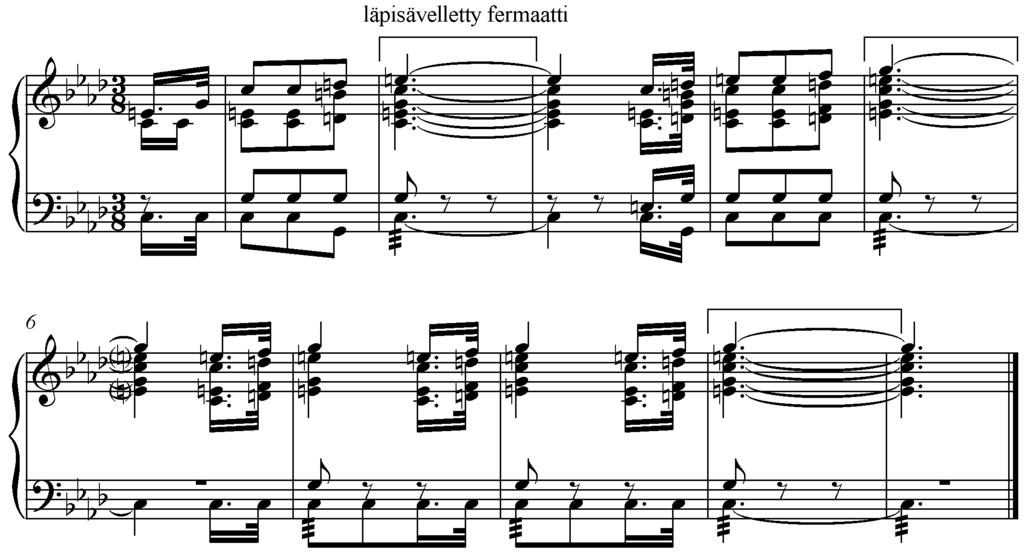 16 Esimerkki 9. Kaikurepetitio. 2.3.2.2 Läpisävelletty fermaatti Läpisävelletyllä fermaatilla tarkoitetaan teoksen harmonisen rytmin hidastamista aika-arvollisin keinoin.