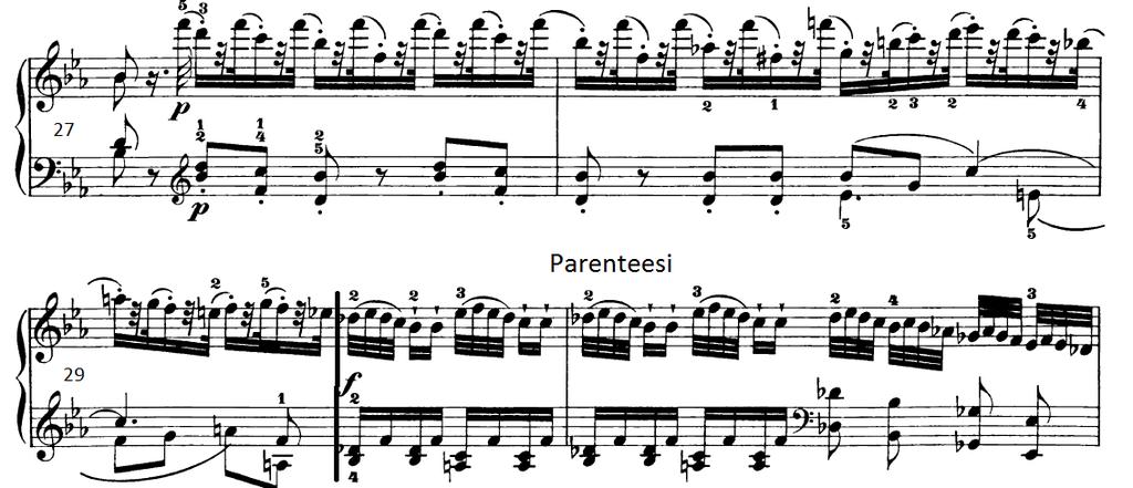 30 dominanttiin. Tämän jälkeen Haydn on vahvasti tonikisoinut dominantin(t. 17-27) ja niinpä teos on liikkunut Es-duurilta kohti B-duuria.