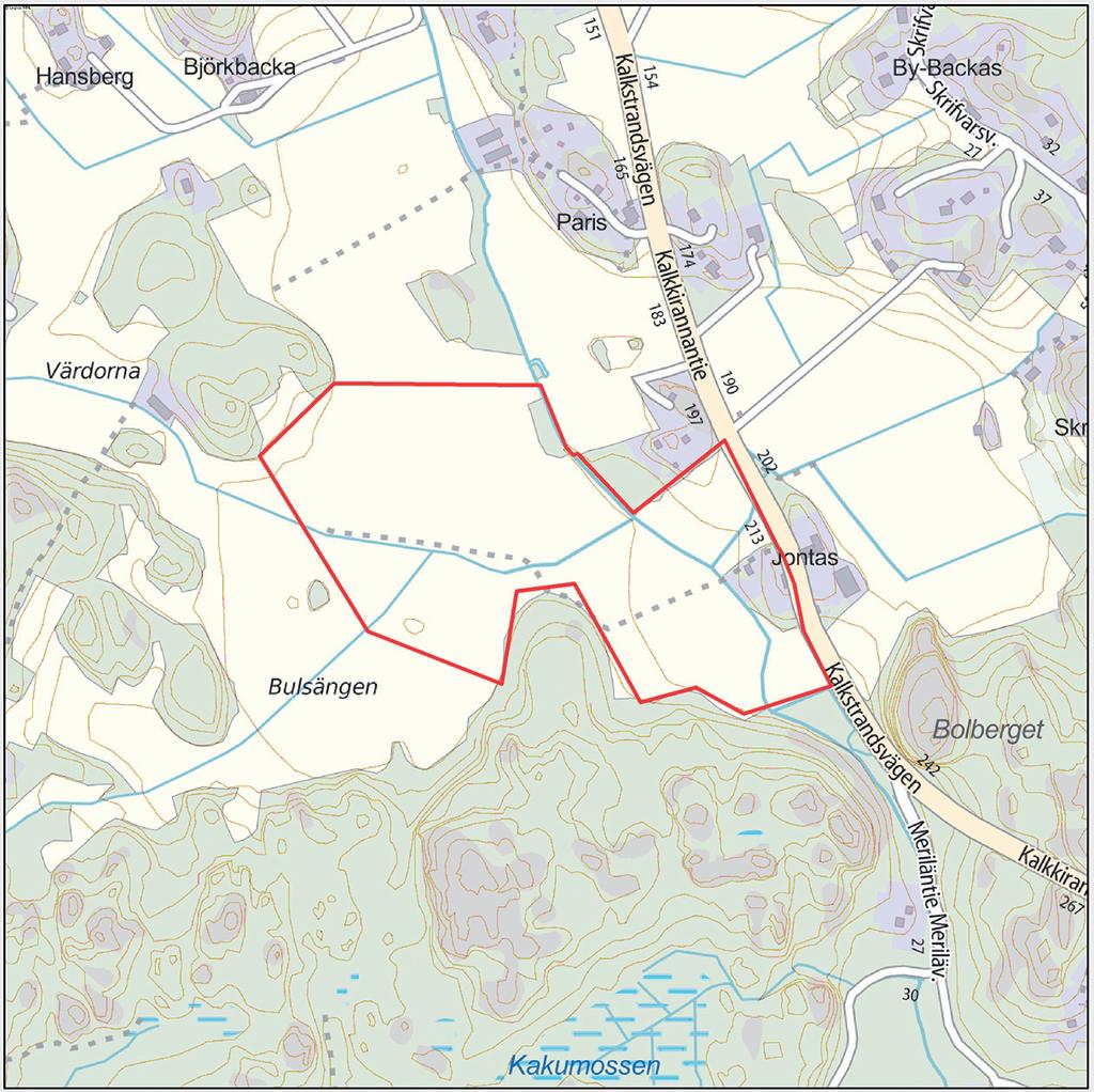 4 Suunnittelualue Planeringsområde Suunni elualue sijoi uu Sipoon Hangelbyn kylään noin 4 km etäisyydelle Söderkullasta etelään Kalkkirannan en varteen.