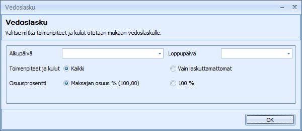 CSI Lawyer 2.5 Käyttöohje (121/145) Alku- ja loppupäivä: määritellään aikaväli, jolle kirjatut toimenpiteet ja kulut ohjelmisto tuo vedoslaskulle.