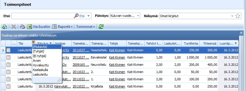 Vie hiiren kohdistin sarakeotsikon päälle, jolloin pieni suppilo ilmestyy otsakkeen oikeaan yläkulmaan.