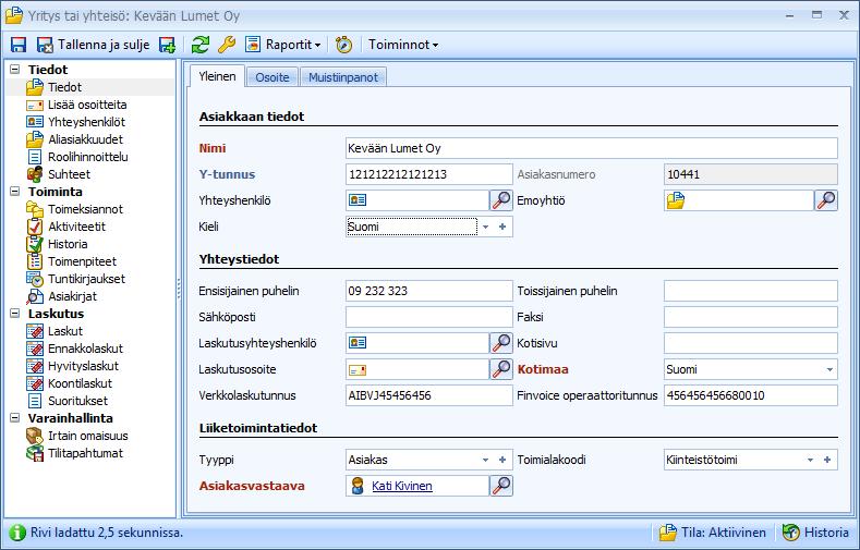 CSI Lawyer 2.5 Käyttöohje (35/145) Yleinen välilehti Asiakkaan tiedot otsikon alle tallennetaan asiakkaan nimi ja y-tunnus. Ohjelmisto antaa ilmoituksen, kts.