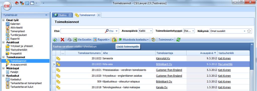 CSI Lawyer 2.5 Käyttöohje (67/145) Laskutustiedot välilehti, kts. kuva yllä: Veroton: veroton-ruksia ei käyttäjä pysty valitsemaan.