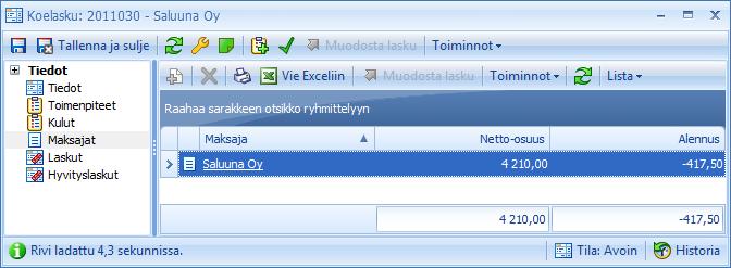 CSI Lawyer 2.5 Käyttöohje (79/145) kokonaisnetto-osuus. Esimerkiksi, kts. kuva alla, jos koelaskulla on kaksi maksajaa. Toisen osuus on 955,50 ja toisen 409,50.